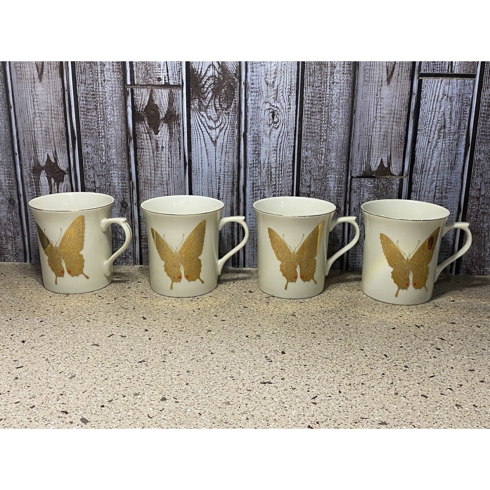 Lot Of 4 Takahashi San Francisco Golden Butterfly Mug Hand Decorated VTG MCM